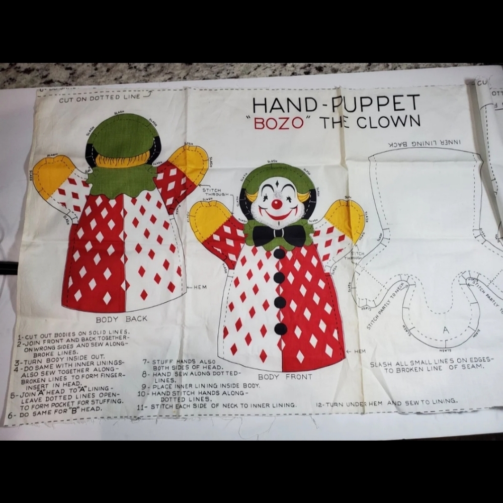 Vintage BOZO the clown Puppet Pattern uncut fabric